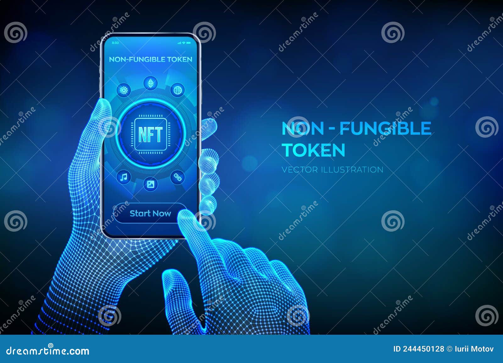 nft. non-fungible token digital crypto art blockchain technology concept. investment in cryptographic. closeup smartphone in