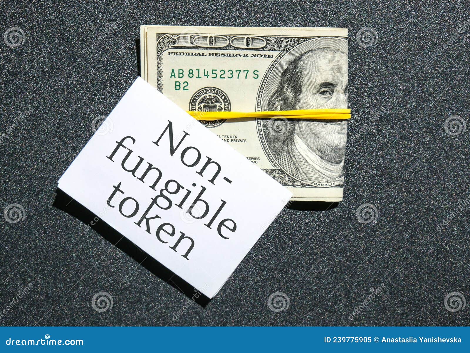 nft non-fungible token text. concept words nft non-fungible token on paper blank. background of dollar bills. blockchain