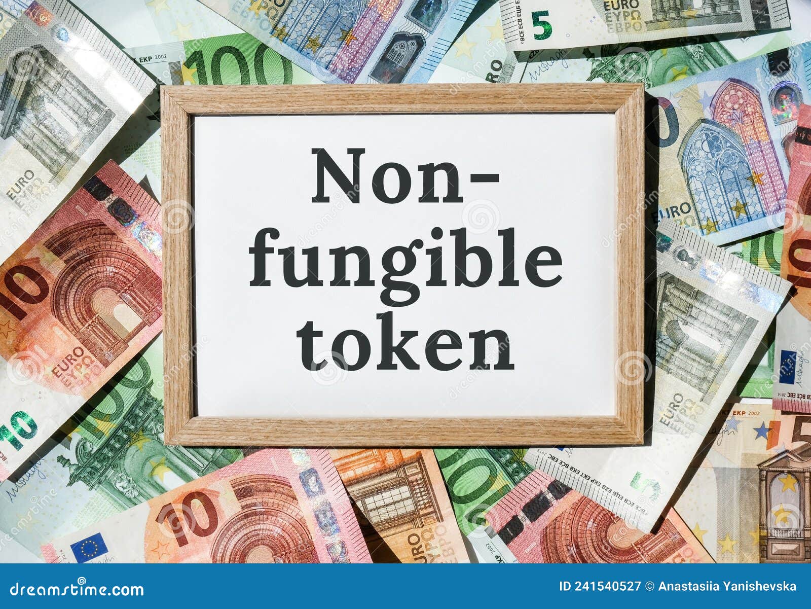 nft non-fungible token text. concept words nft non-fungible token on paper blank. background of euro bills. blockchain