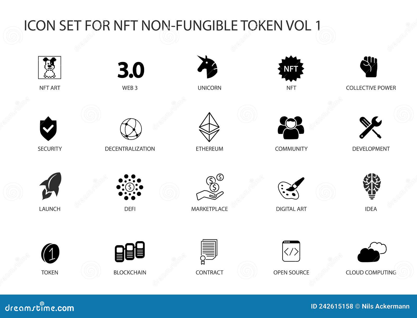 nft non-fungible token  icon set for infographics. contains s such as defi, token, decentralisation, marketplace, web3