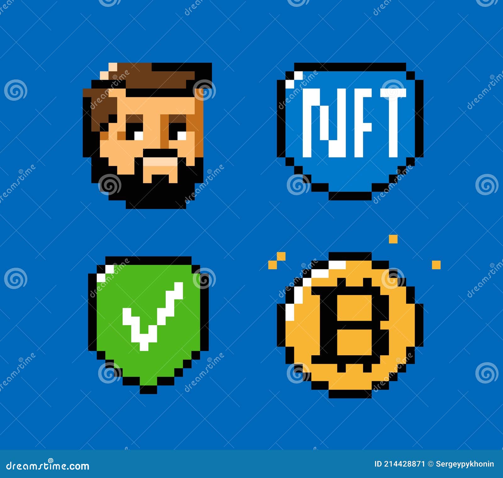 NFT, Token, Blockchain Icon Set. Digital Currency Pixel