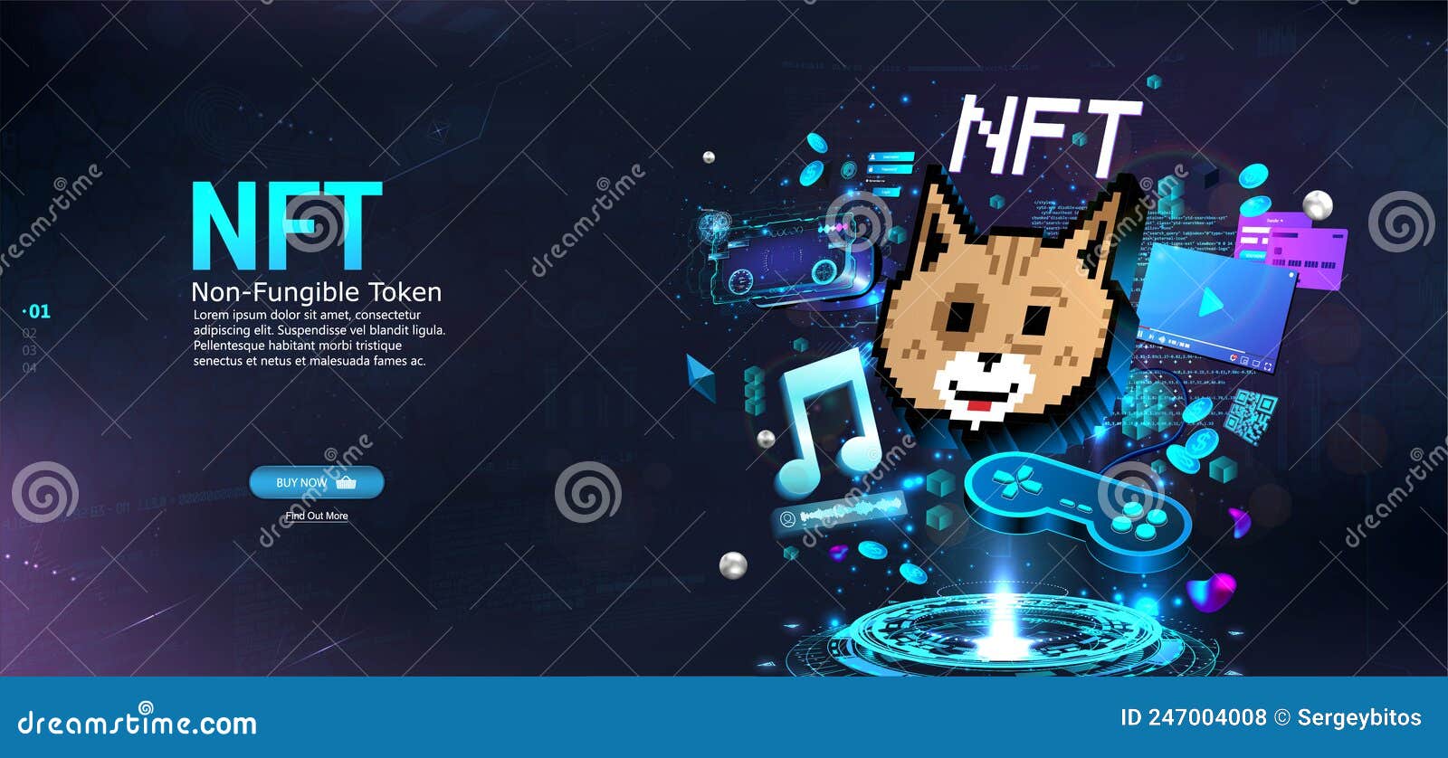 nft token in crypto artwork. banner non-fungible token