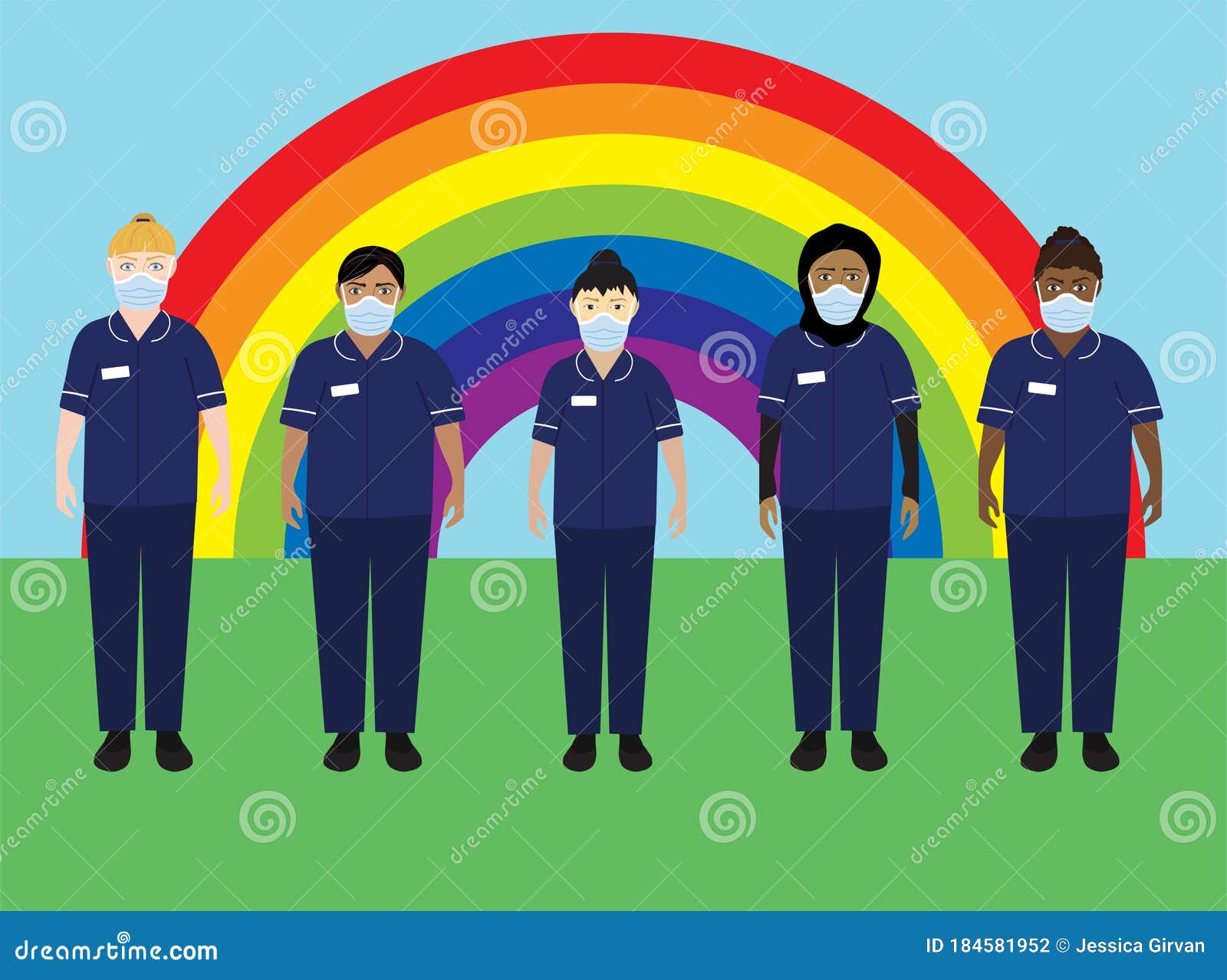 nhs hospital staff wearing face masks, standing in front of a rainbow