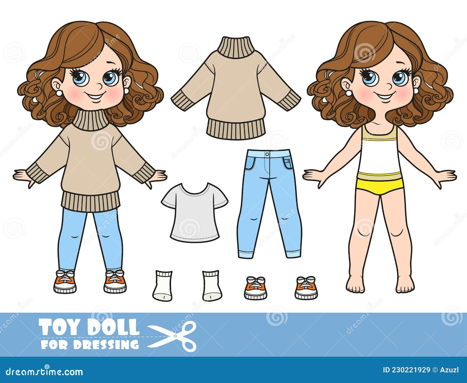 Niña De Dibujos Animados Con Un Lujoso Peinado De Castaño Rizado Y Ropa  Separada De Jeans Y Zapatillas De Suéter Cálido Beige Ilustración del  Vector - Ilustración de aislado, tanque: 230221929