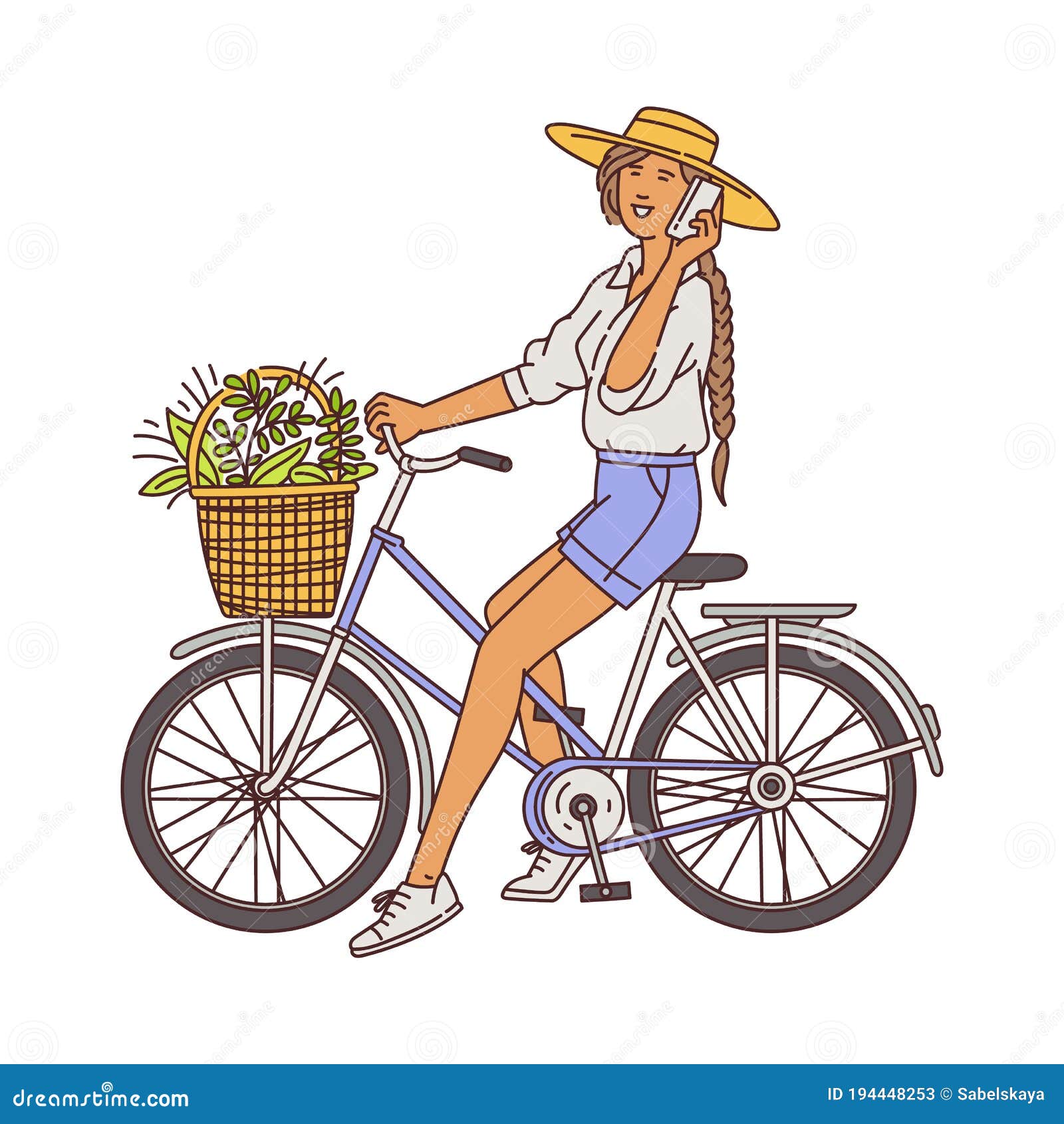 Niña En Bicicleta Con Cesta Llena De Flores Dibujo Ilustración Vectorial  Aislado. Ilustración del Vector - Ilustración de belleza, completo:  194448253