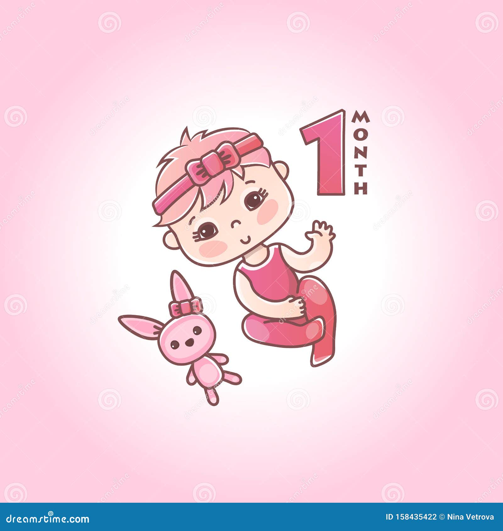 Niña Pequeña Con Arco Rosado Y Conejito De Juguete. Etapas Del Desarrollo Del Niño En El Primer Año De Vida. El Primer Mes De Ilustración del Vector - Ilustración de etapas, conejito:
