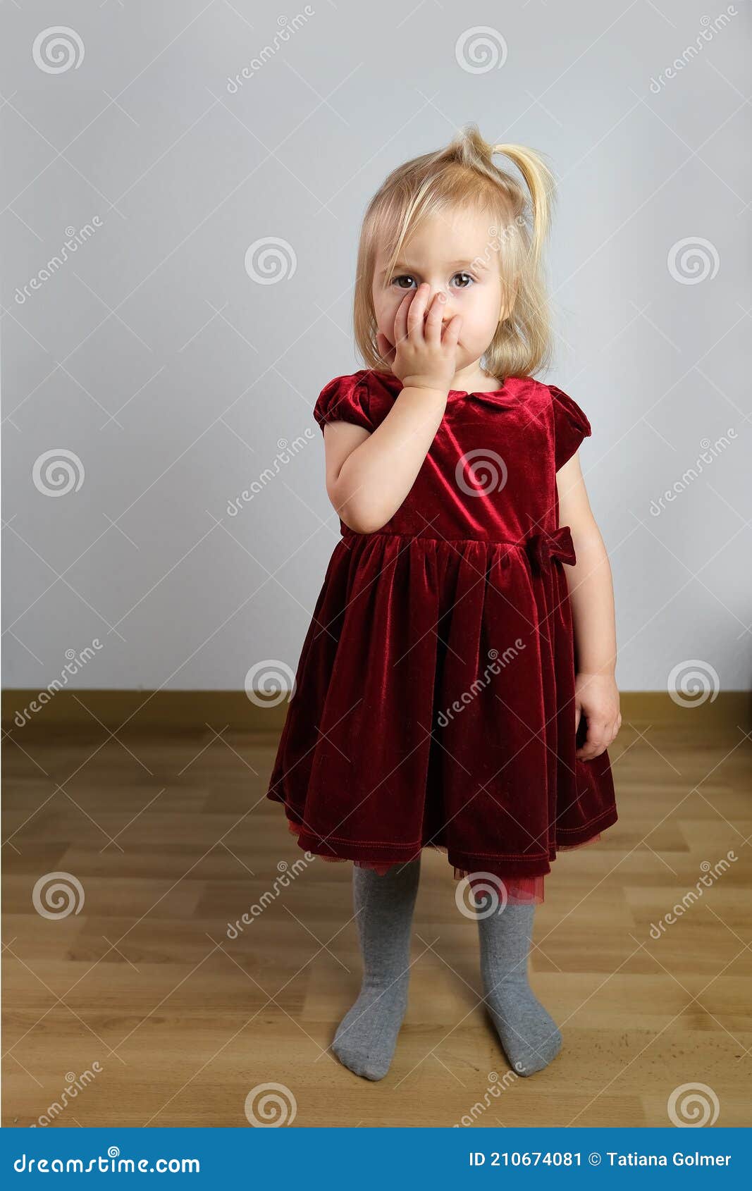 Niña Rubia De 2 Años De Edad En Un Vestido Terciopelo Rojo Se Para En La Habitación Es Tímida Sostiene Sus Manos a Su Cara El C Imagen de archivo -