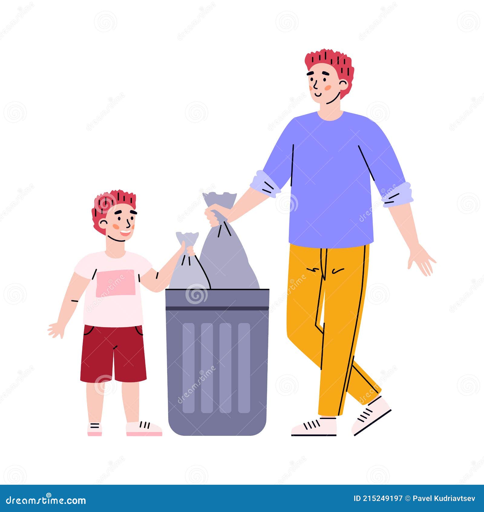 Niño Niño Ayuda a Padre a Tirar Basura Dibujos Animados Vector Ilustración  Aislado. Ilustración del Vector - Ilustración de higiene, lifestyle:  215249197