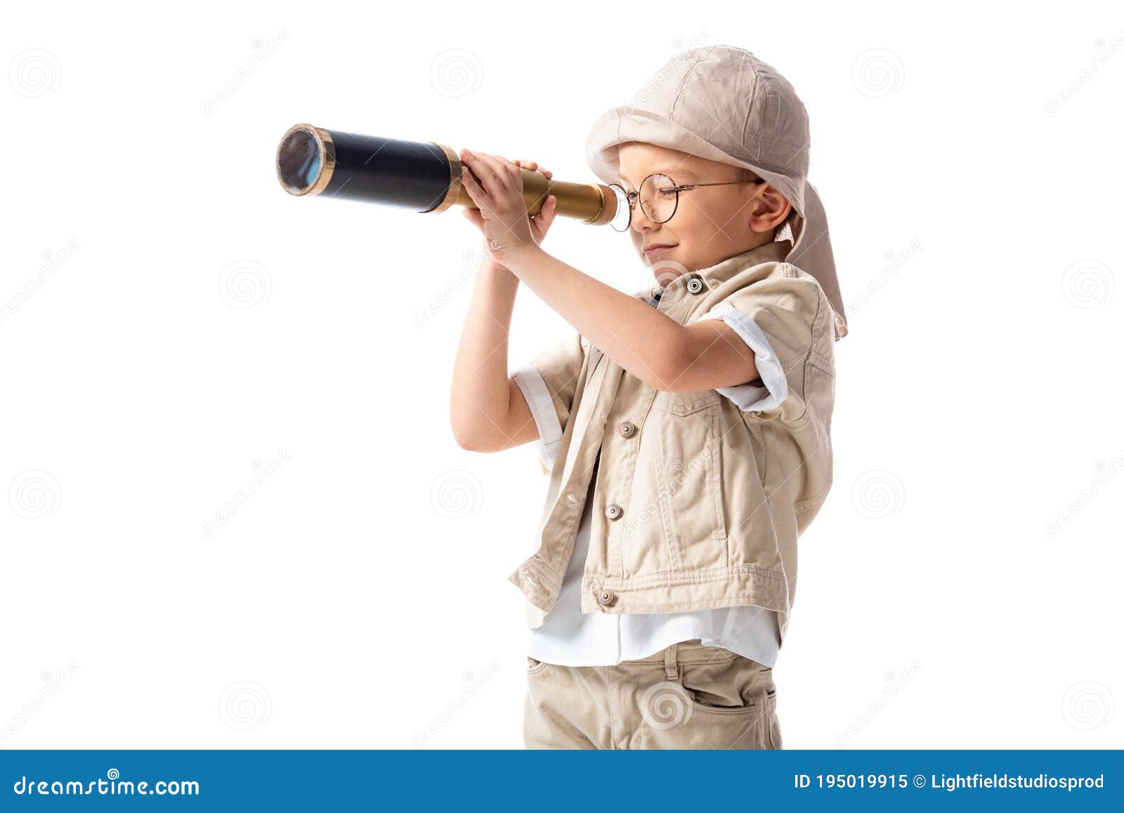 Niño Explorador Con Sombrero Y Gafas Sosteniendo Una Linterna Y