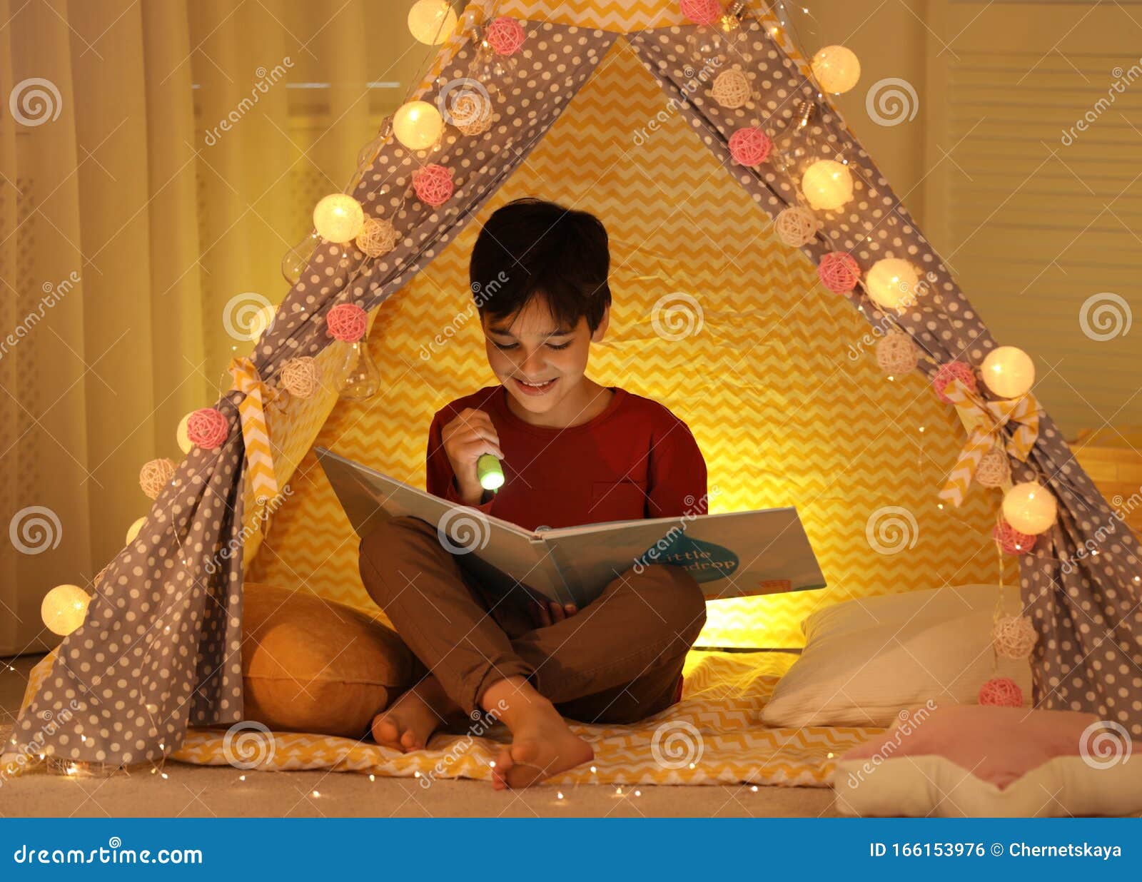 Niño Con Libro De Lectura De Linterna En Una Tienda De Juegos Foto de  archivo - Imagen de noche, feliz: 166153976