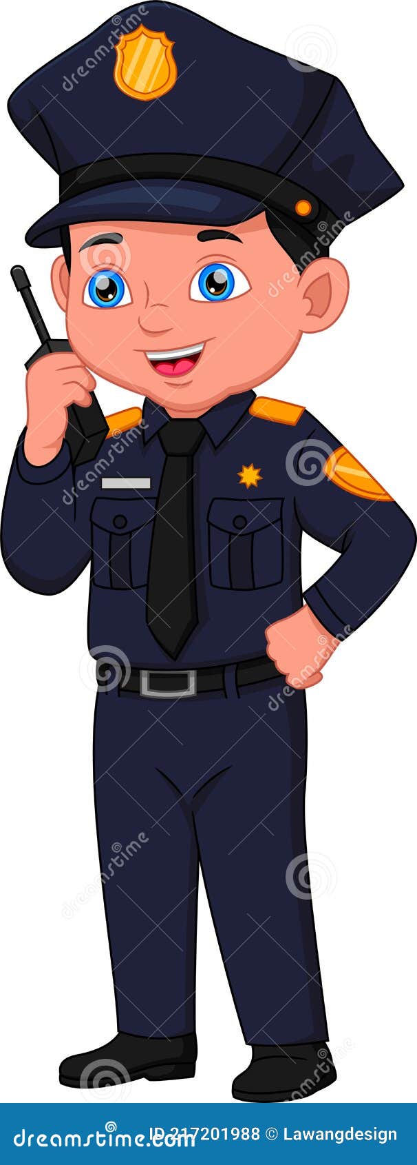 Niño De Dibujos Animados Con Traje De Policía Posando Y Hablando Por Radio  Ilustración del Vector - Ilustración de profesional, muchacha: 217201988