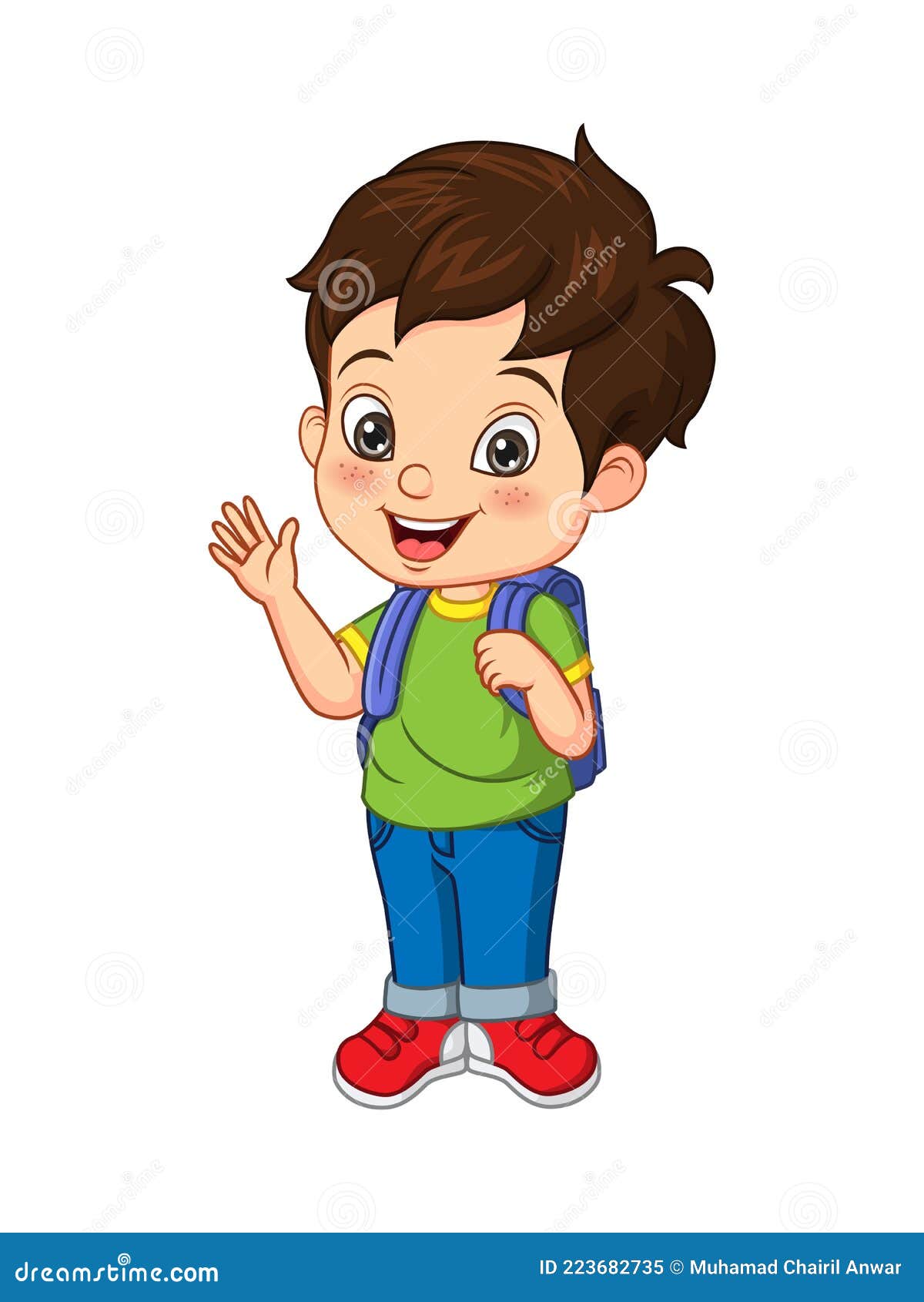 Niño De Escuela Feliz Con Dibujos Animados Ondeando La Mano Ilustración del  Vector - Ilustración de sonrisa, mochila: 223682735