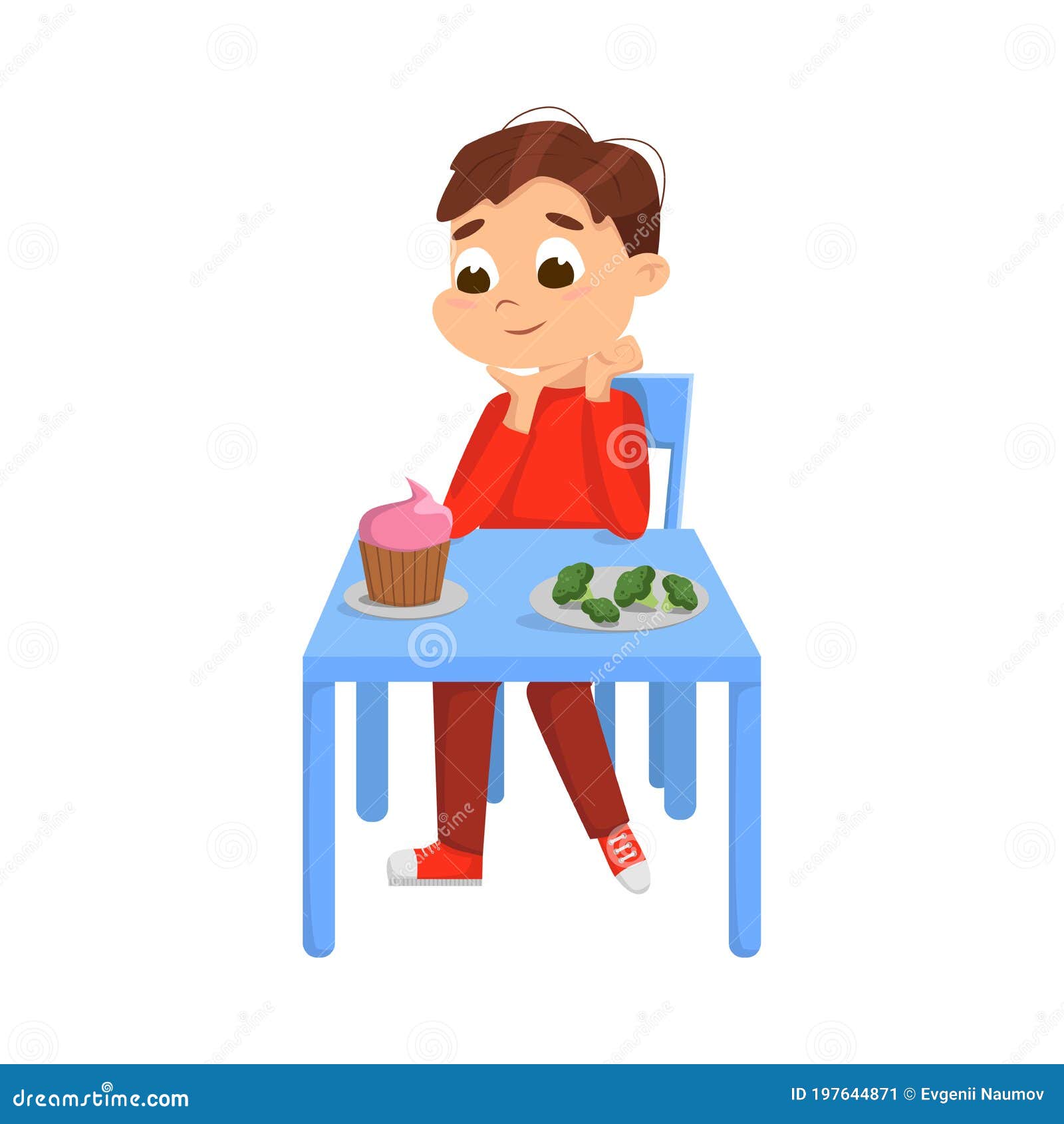 Niño Lindo Sentado En La Mesa Y Comiendo, Elección Infantil Entre Comida  Saludable Y No Saludable Estilo De Dibujos Animados Ilus Ilustración del  Vector - Ilustración de objeto, torta: 197644871