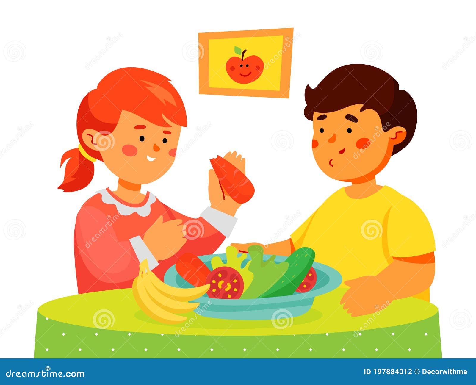 Niños Comiendo Frutas Y Verduras - Ilustración De Diseño Plano Colorido  Ilustración del Vector - Ilustración de kindergarten, hermano: 197884012