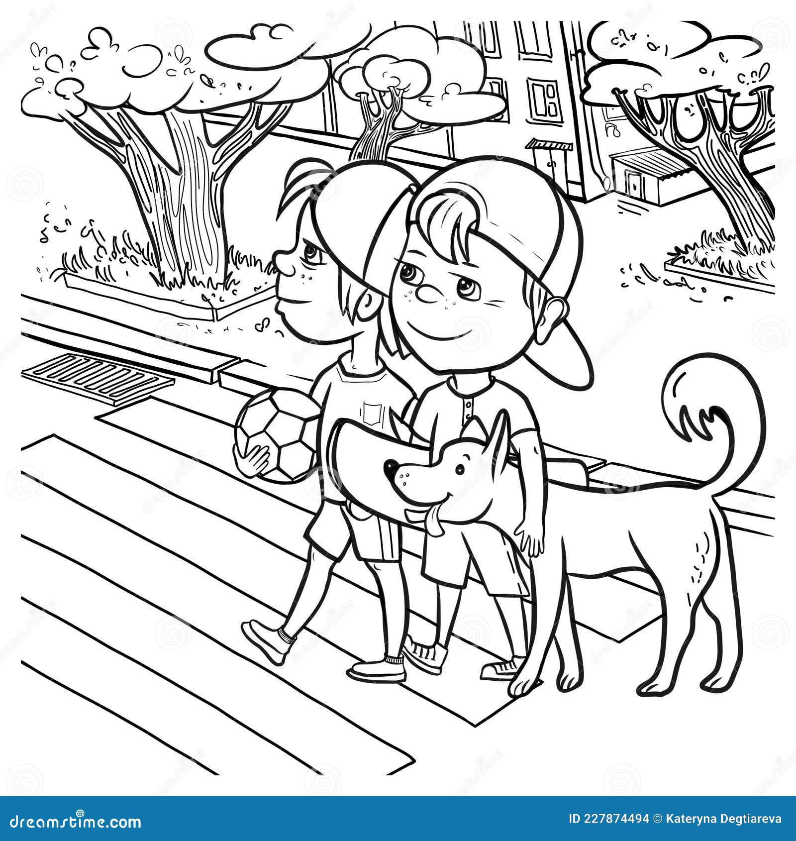 Niños Cruzan La Calle En Un Peatón Cruzando Su Fiel Perro Está Con Ellos  Ilustración Para Colorear Stock de ilustración - Ilustración de perro,  fiel: 227874494