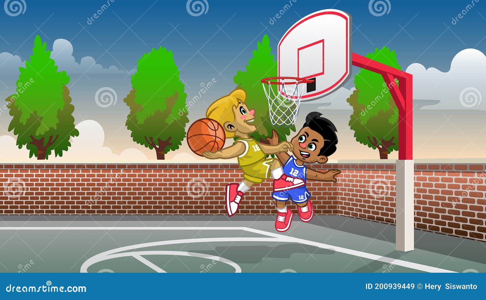 Niños De Dibujos Animados Jugando Básquetbol En La Cancha Ilustración del  Vector - Ilustración de corte, muchacho: 200939449