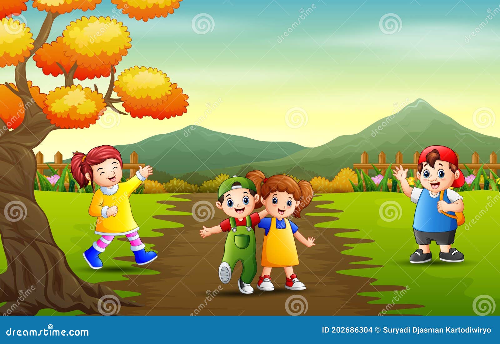 Niños De Dibujos Animados Jugando En El Paisaje Del Parque Ilustración del  Vector - Ilustración de escapar, pista: 202686304