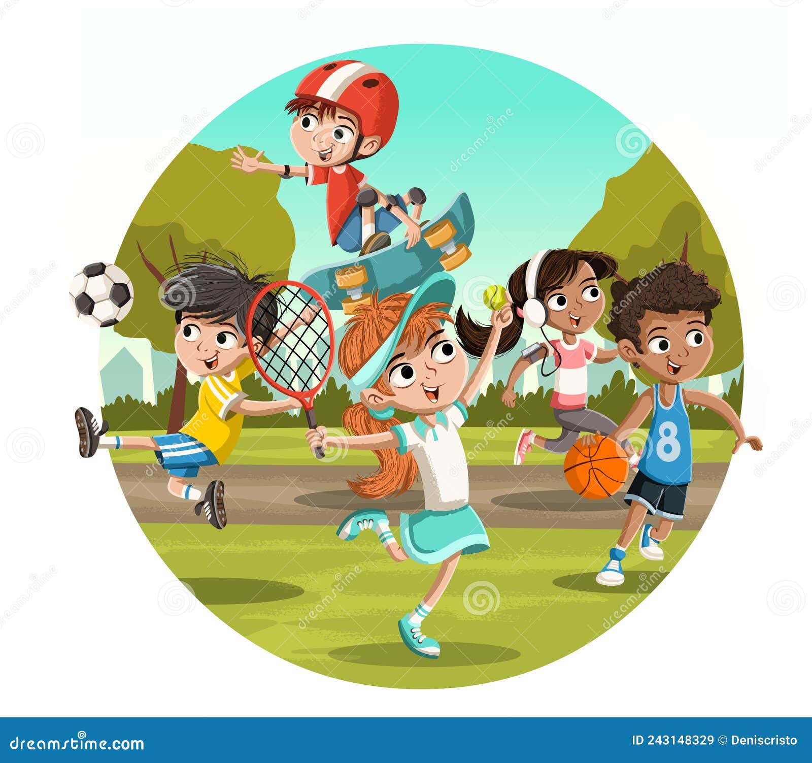 Niños De Dibujos Animados Jugando Varios Deportes En El Parque
