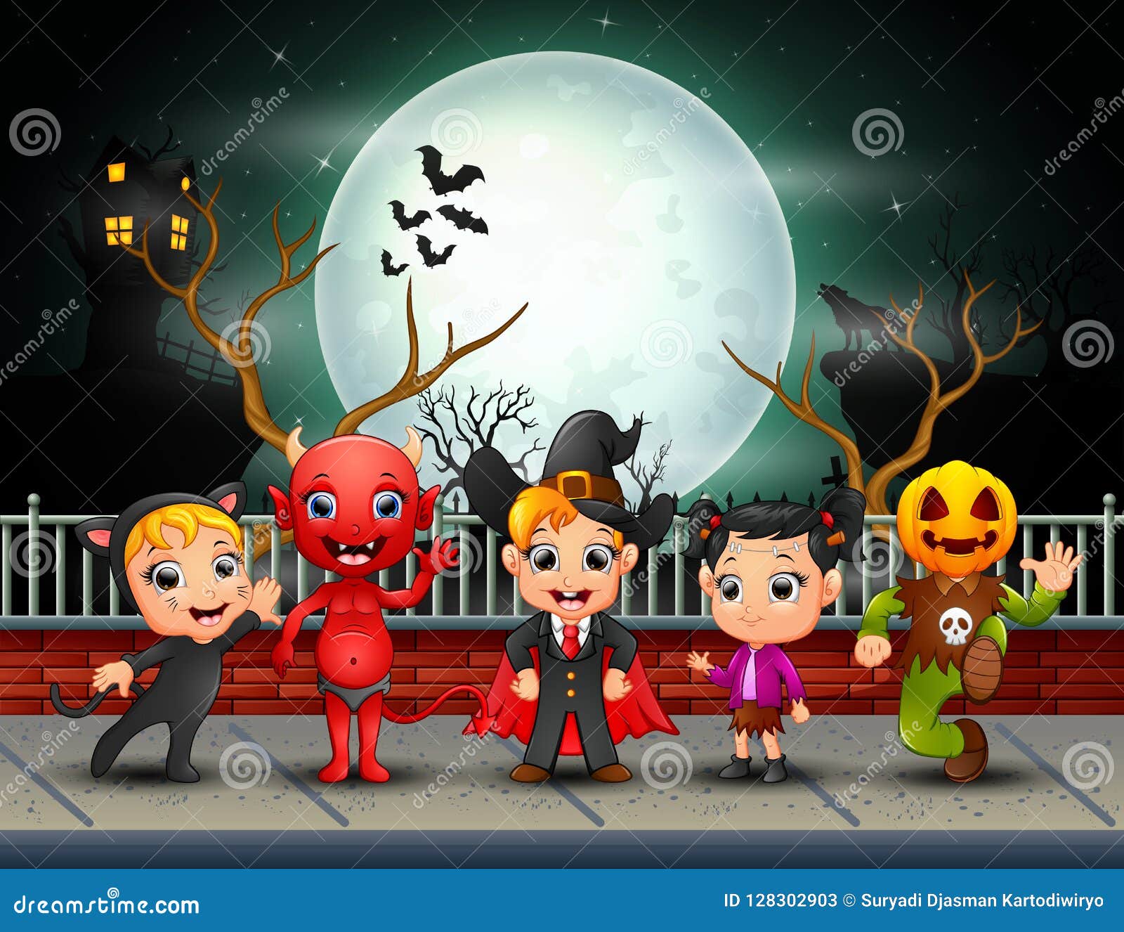 Niños Del Feliz Halloween En Fondo De La Luna Llena Ilustración del Vector  - Ilustración de diablo, frecuentado: 128302903