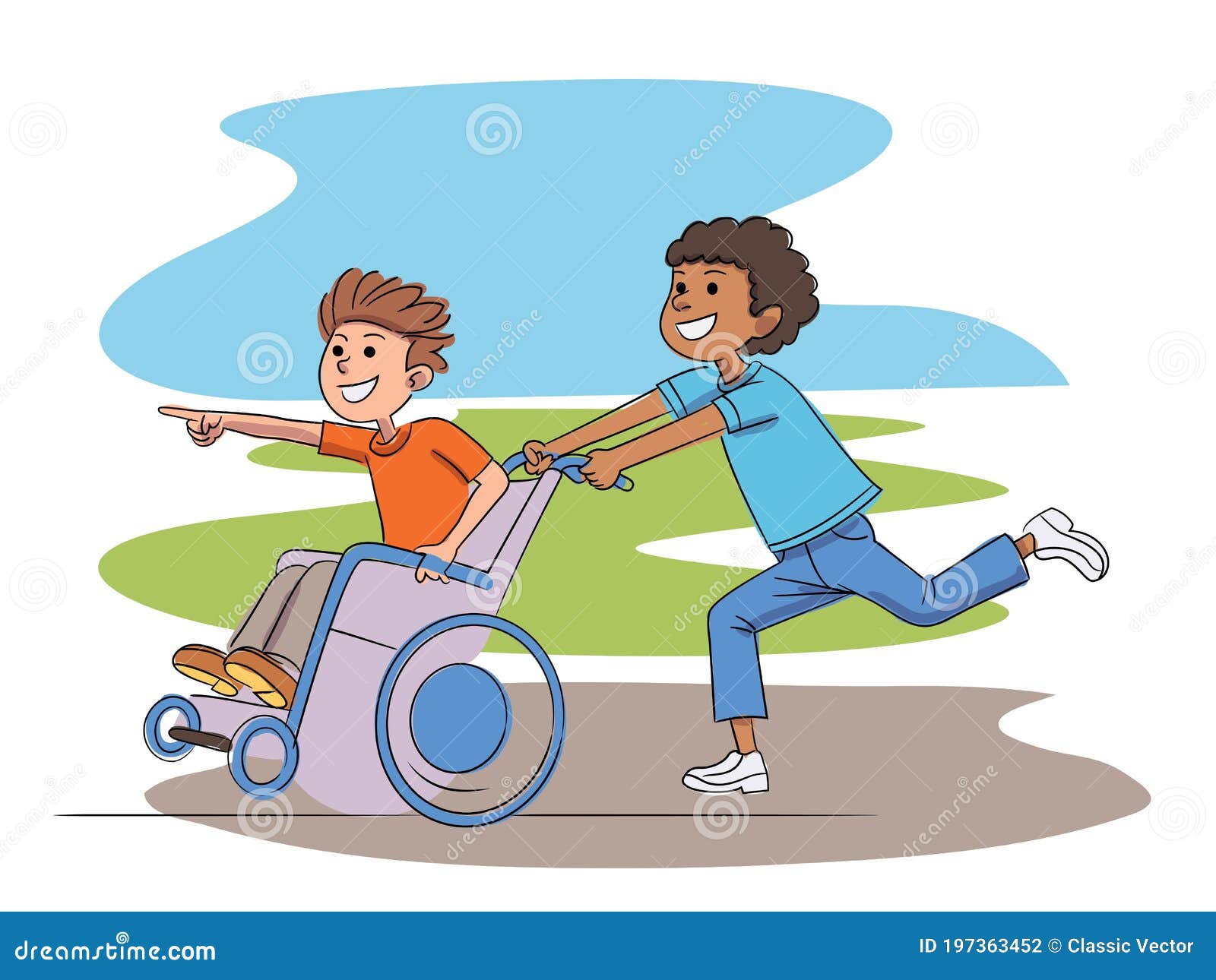 Niños Discapacitados Y Sanos Jugando Juntos En El Patio Ilustración del  Vector - Ilustración de cabrito, muchacho: 197363452