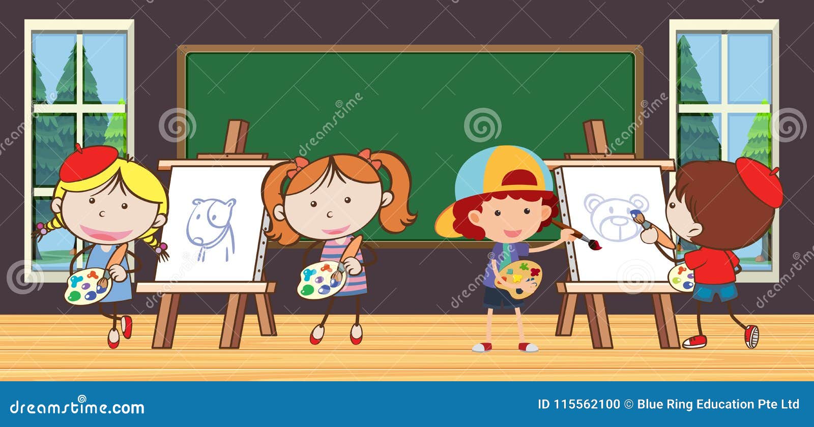 Niños En Clase De Dibujo En La Escuela Ilustración del Vector - Ilustración  de pizarra, libro: 115562100