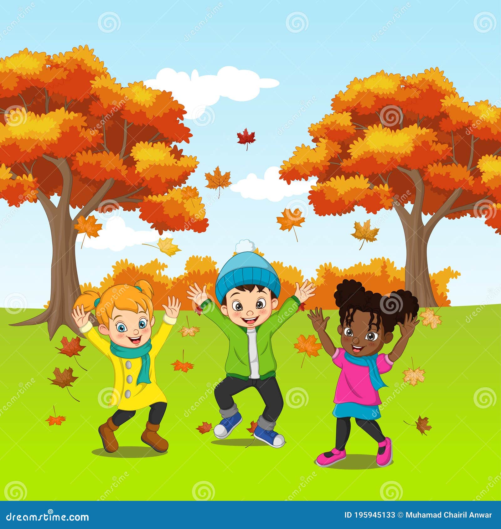 Niños Felices Con Dibujos Animados Jugando En El Fondo Del Otoño  Ilustración del Vector - Ilustración de thanksgiving, divertido: 195945133