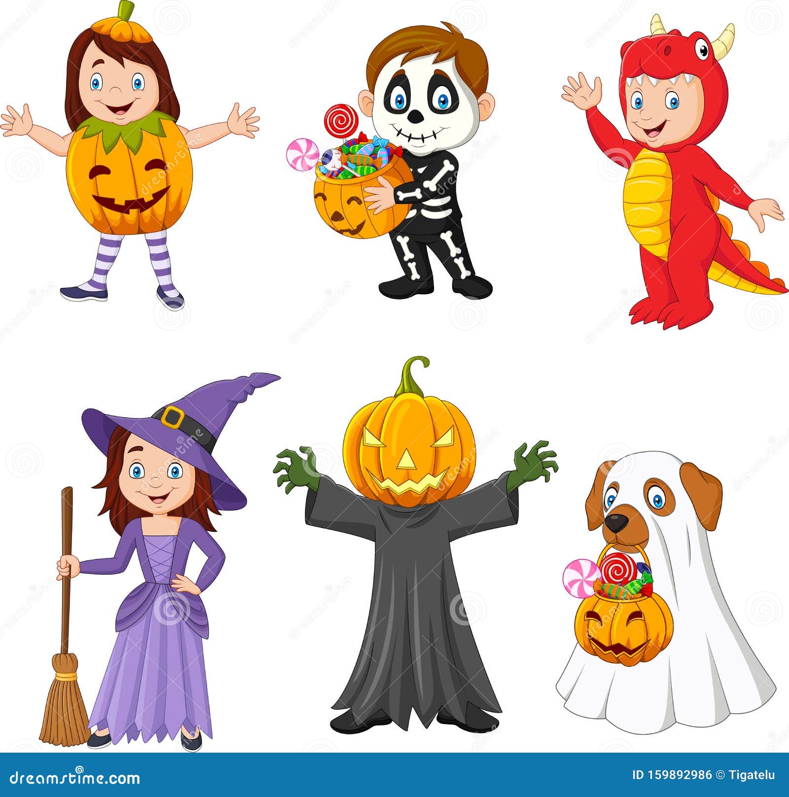 Niños Felices De Caricatura Con Disfraces De Halloween Ilustración del  Vector - Ilustración de asustadizo, historieta: 159892986