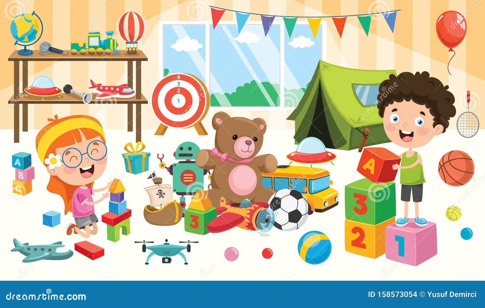 Niños Felices Jugando Con Juguetes Stock de ilustración - Ilustración de felices, jugando: 158573054