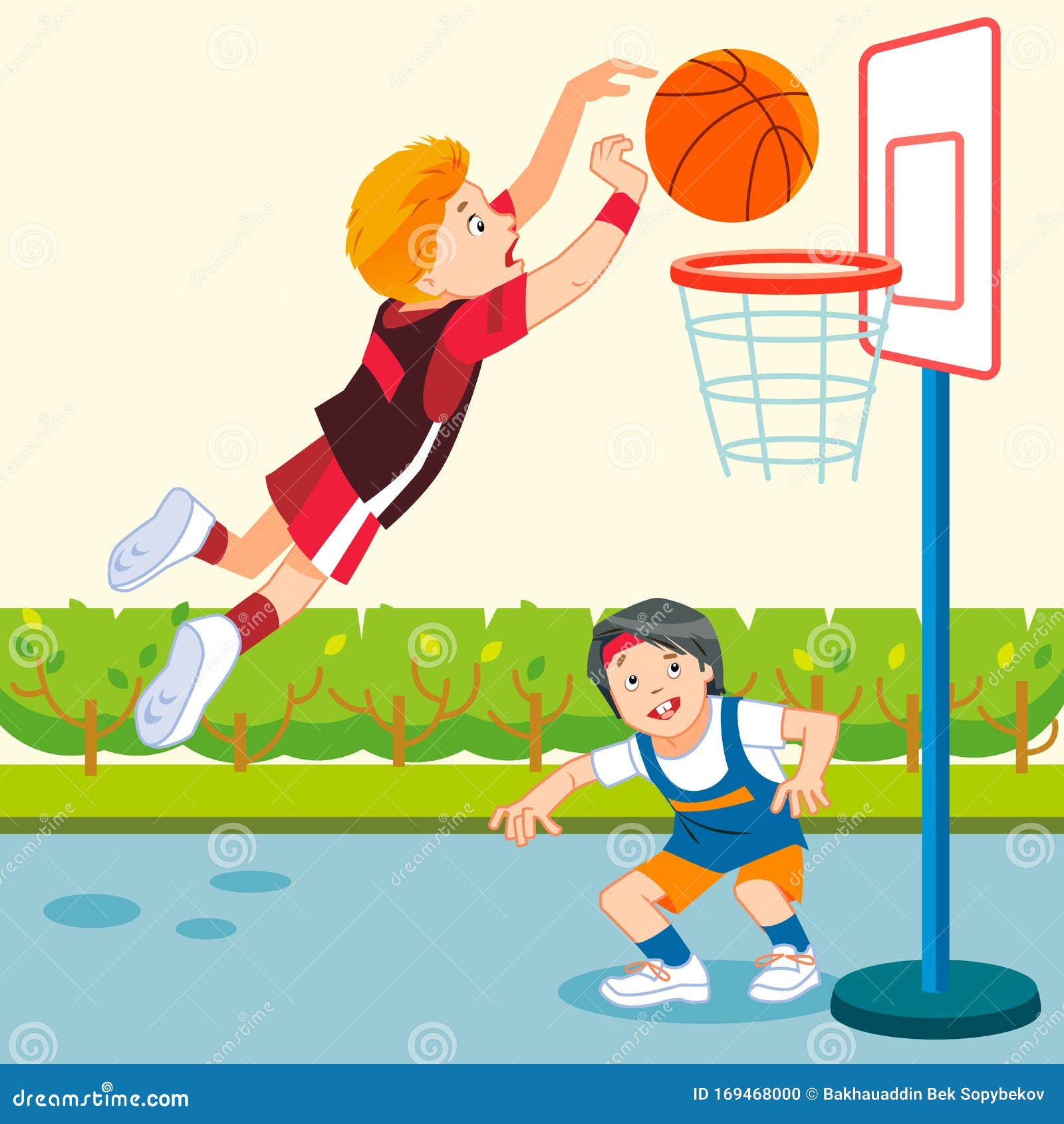 Niños Jugando Baloncesto En Un Patio De Recreo Caricatura, Vectorial Plano  Ilustración Ilustración del Vector - Ilustración de jugador, bola: 169468000