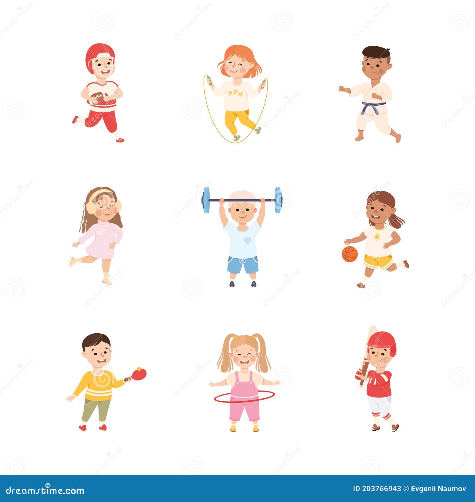 Niños Jugando a Varios Juegos De Deportes Niños Y Niñas Jugando Al  Baloncesto Patinaje Sobre Béisbol Saltando Con Elevación De Cue Ilustración  del Vector - Ilustración de marcial, rugbi: 203766943