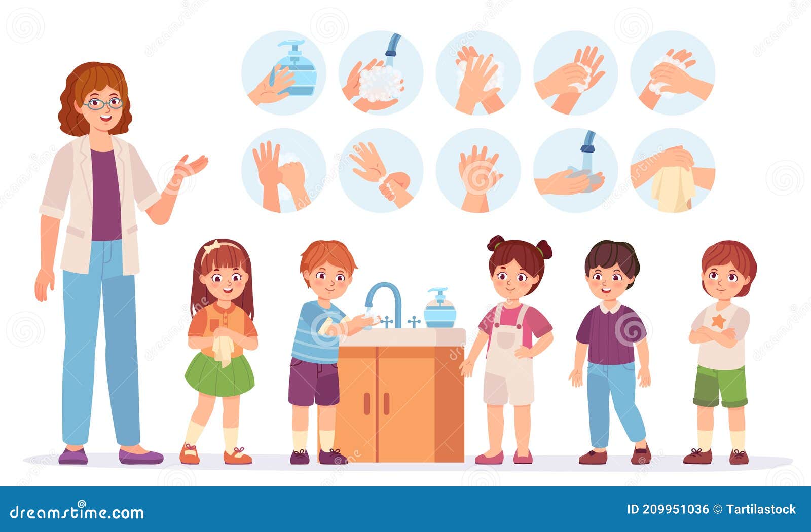 Niños Lavando Manos. Dibujos Animados De Niños En La Escuela Usan Jabón  Para La Piel En El Baño. Prevenir El Concepto De Virus E I Ilustración del  Vector - Ilustración de colada,