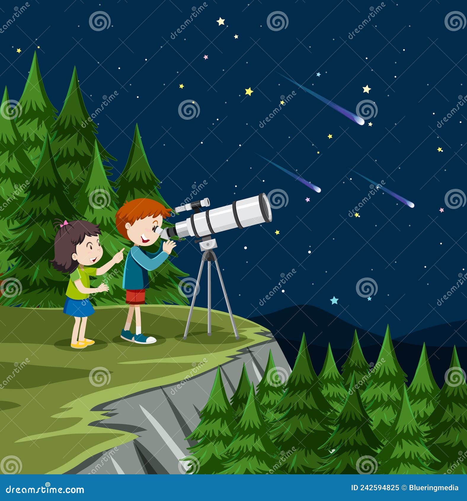 Niños Mirando El Planeta Con Telescopio Ilustración del Vector -  Ilustración de noche, hembra: 242594825