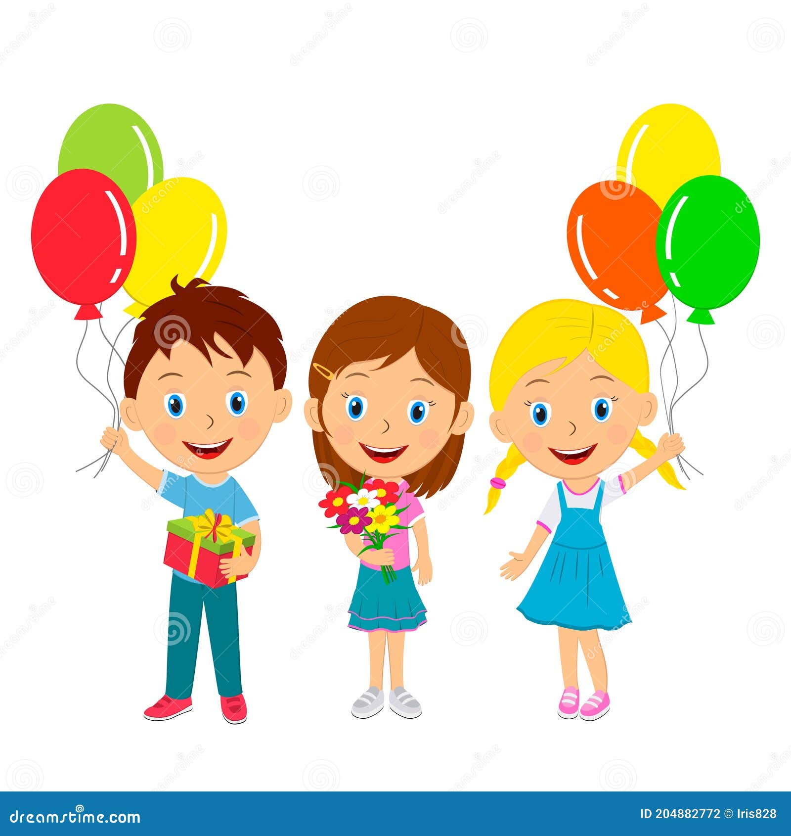 Niños Tiernos Dibujos Animados Con Globos De Regalo Y Flores Ilustración  del Vector - Ilustración de alegre, poco: 204882772