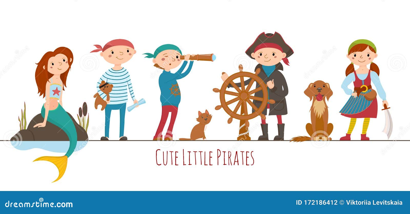 Niños Vestidos De Piratas, Capitán Y Sirena Ilustración del Vector -  Ilustración de conjunto, amigo: 172186412