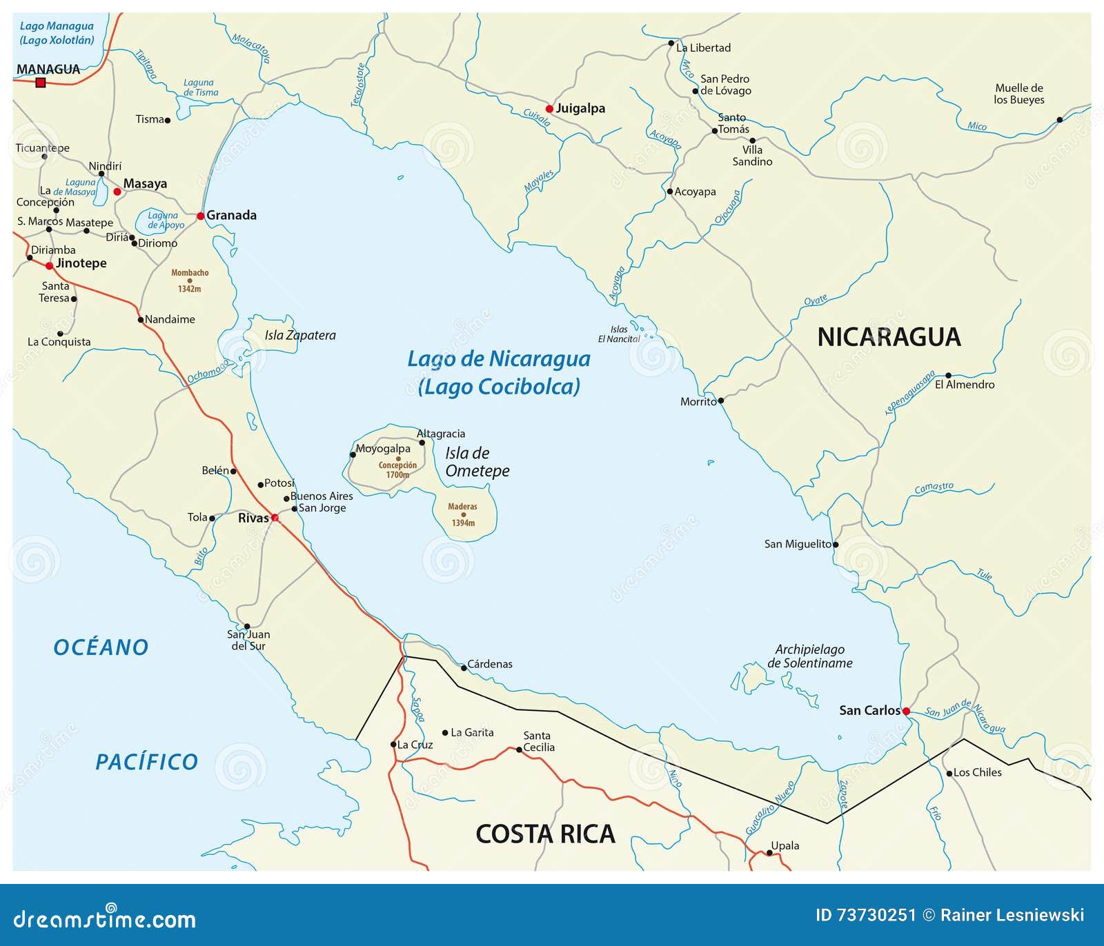 Nicaragua lake map stock illustration. Illustration of graphic - 73730251