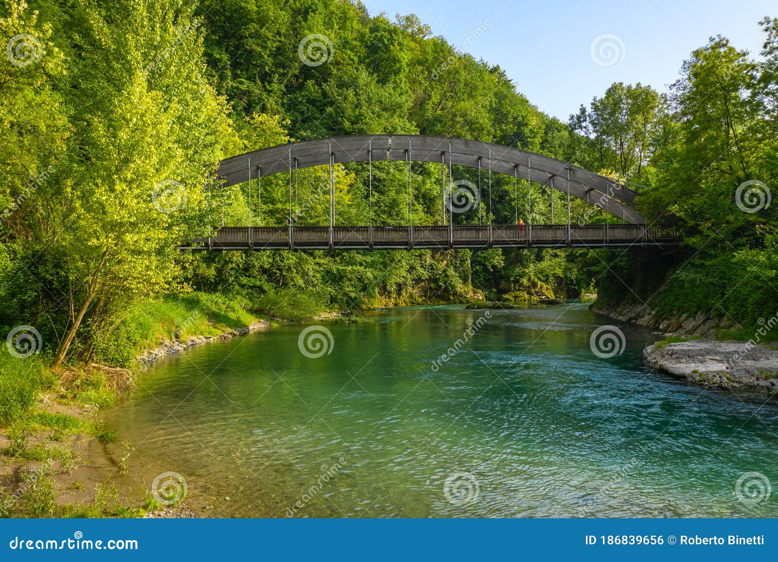 nice aerial shot of the serio river and old bridge