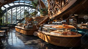 Nice Coffee House In A Loft Style With Big Panoramic Windows And Concrete Columns There Are Nice Coffee House In A Loft Style With Big Panoramic Windows And Concrete Columns There Are