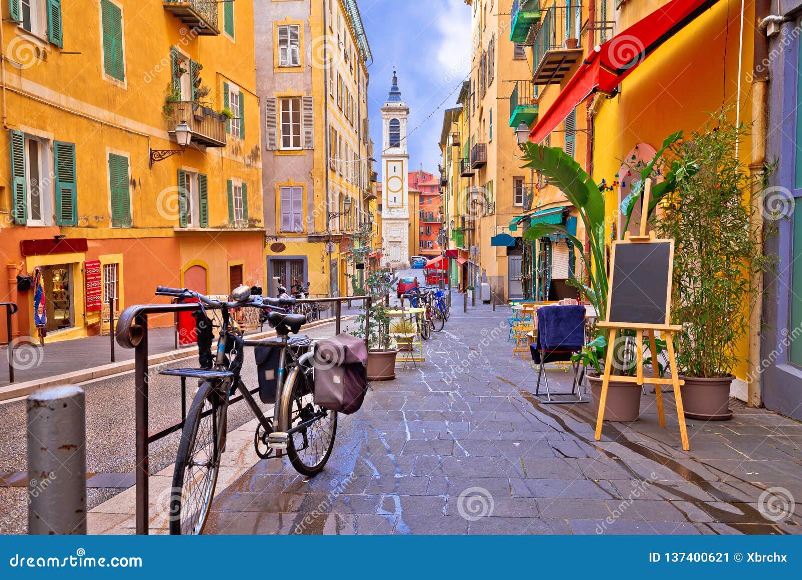 nice colorful street architecture and church view