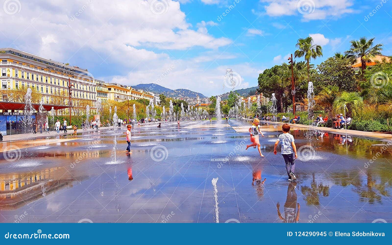 NICE, FRANCE, MAY - 2018: Fountain in Promenade Du Paillon Park. an ...