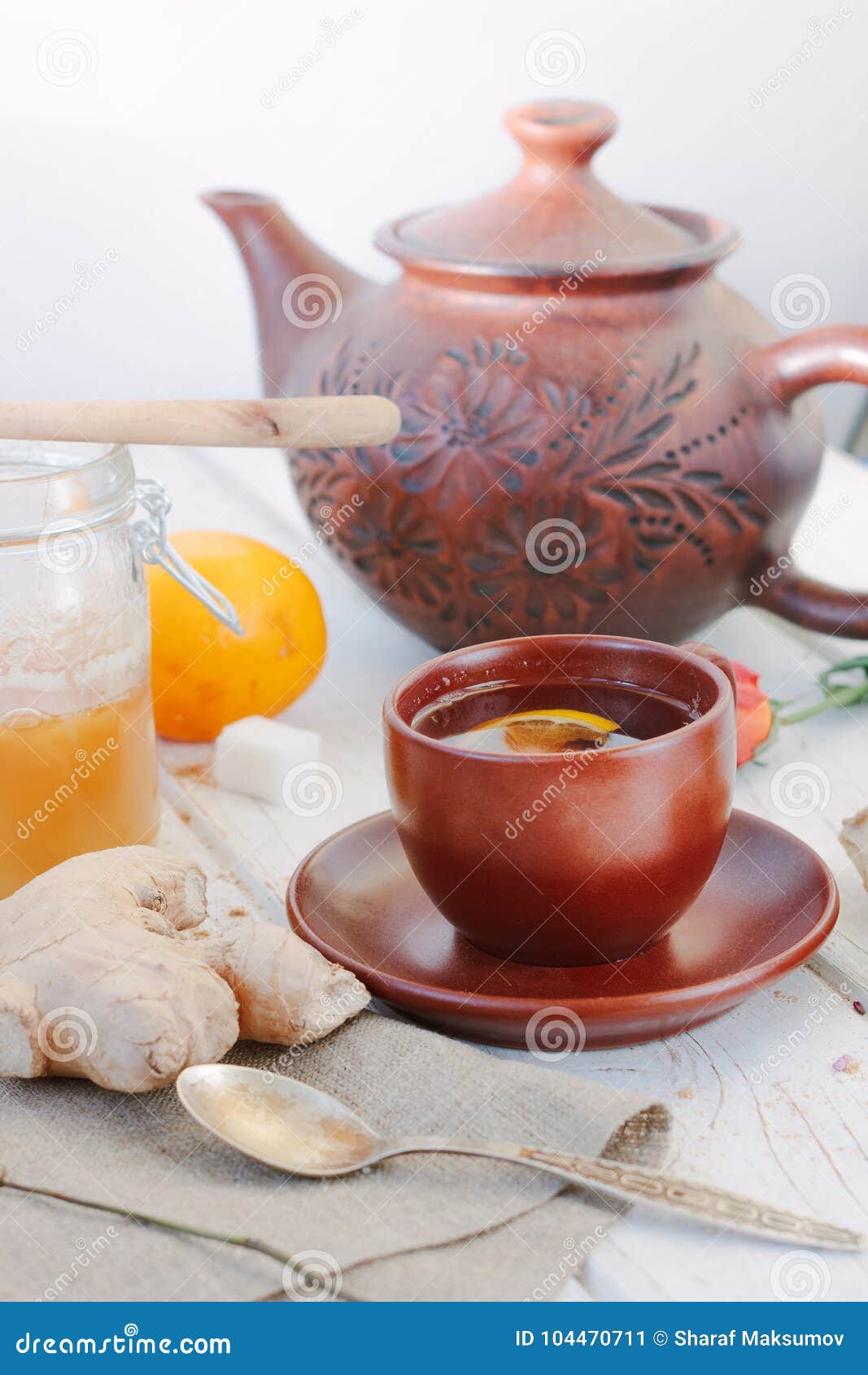 Nice Ginger Tea on White Wooden Surface. Stock Image Image of sweet, background 104470711