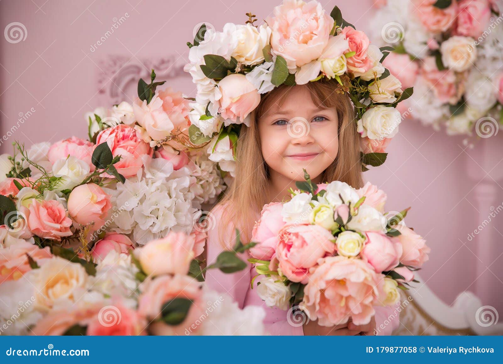 Girl with Flowers. Baby with a Flower Bouquet for His Birthday or ...