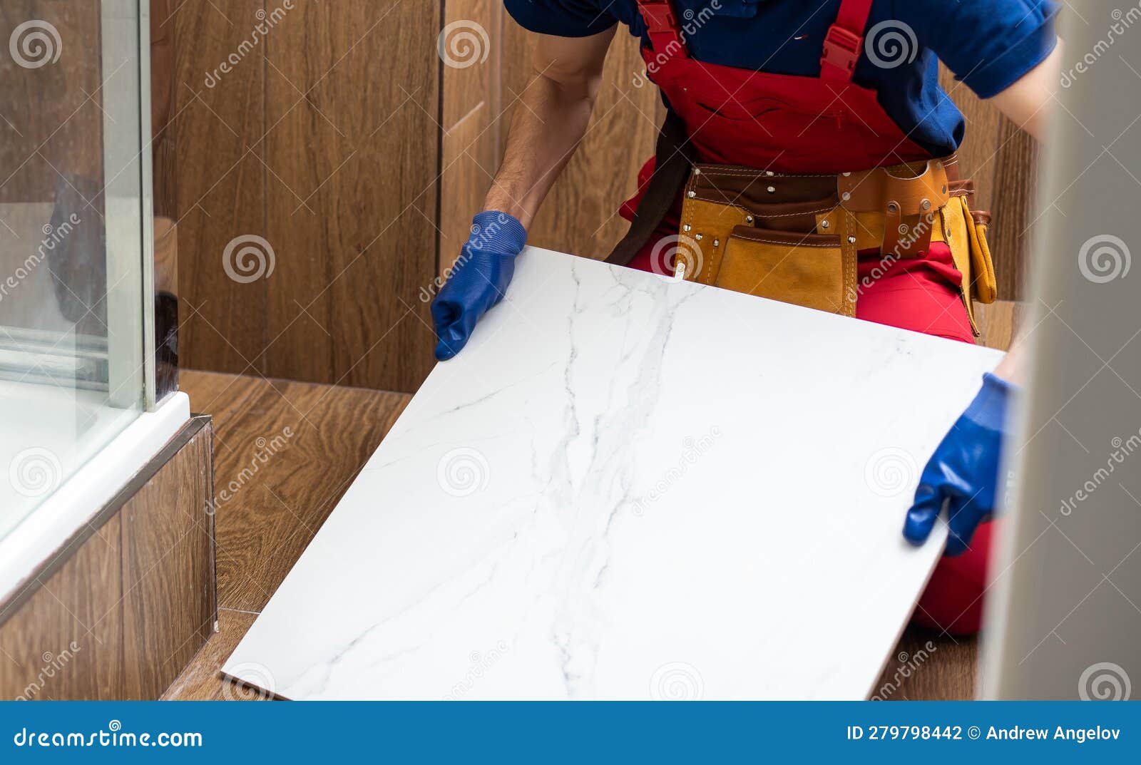 A Nice Handyman Install Tile on the Floor Stock Photo Image of