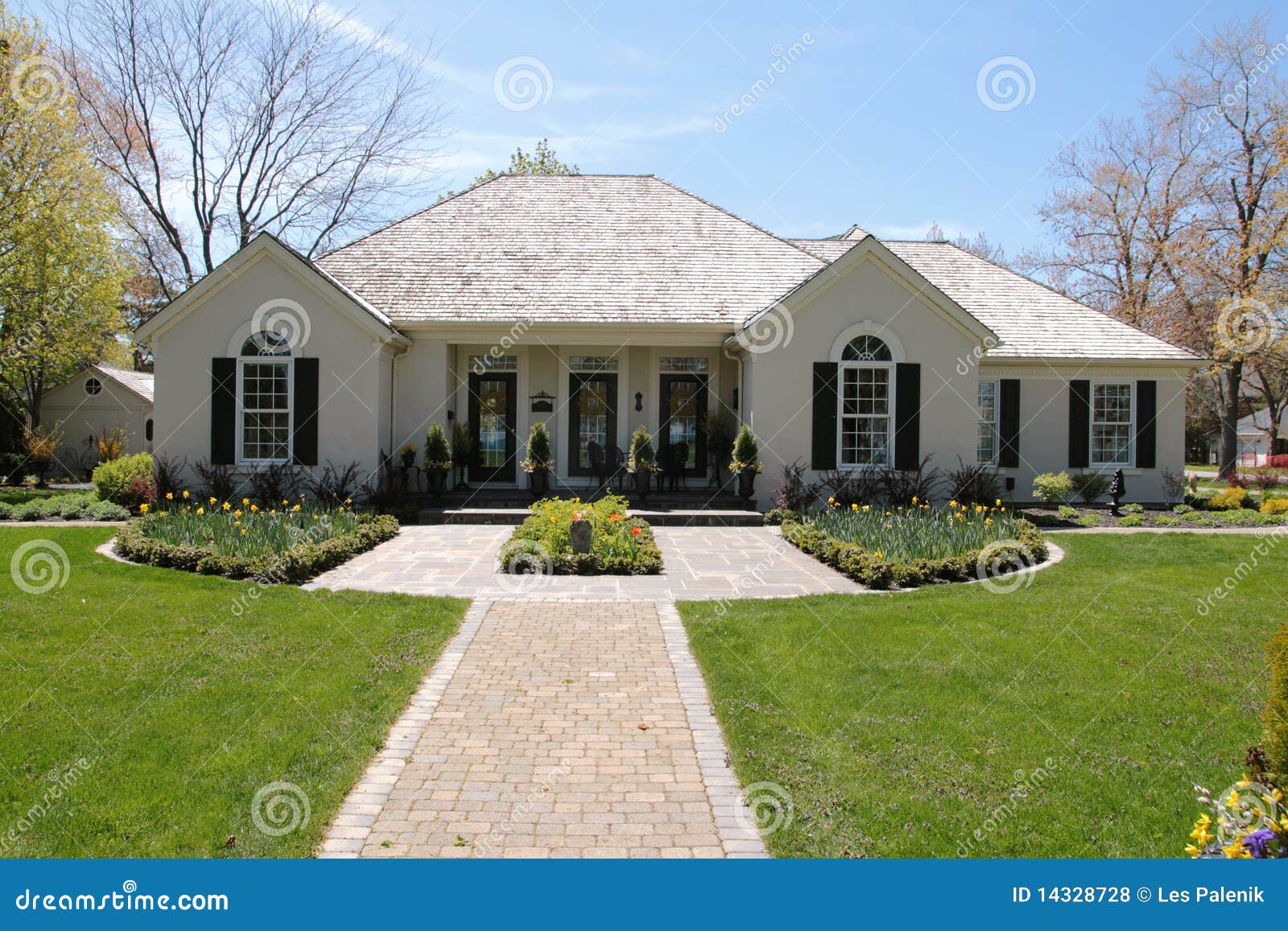 Nice iHousei With Symmetrical Landscaping Stock Photo 