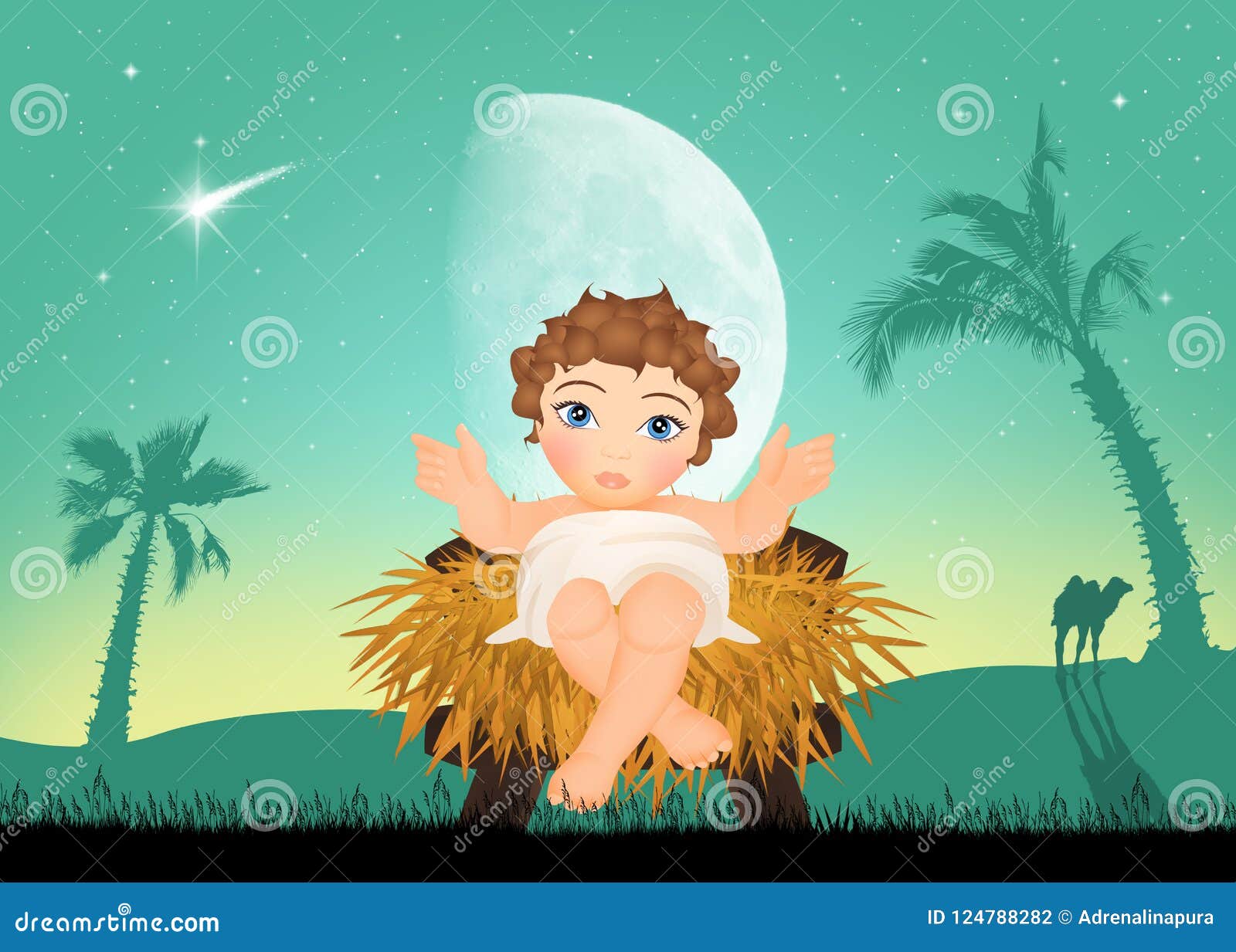Jesus in the manger stock illustration. Illustration of family 124788282