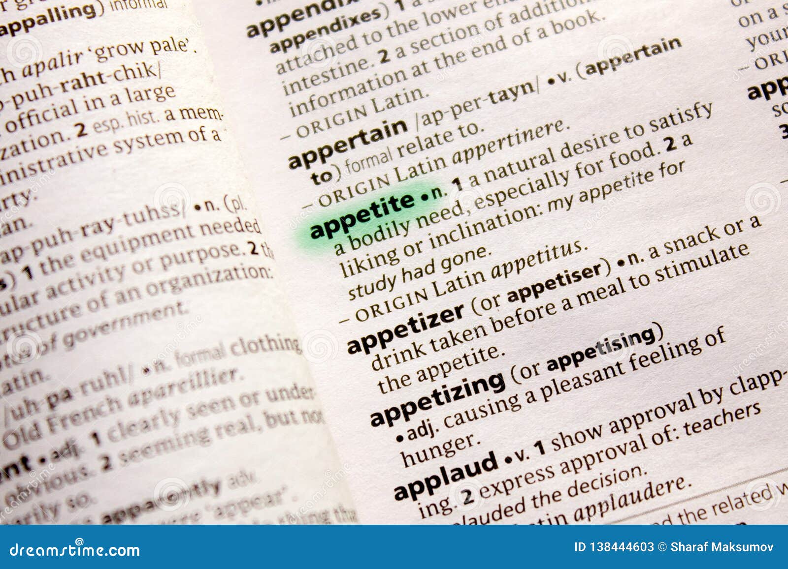 Appetite Word or Phrase in a Dictionary Stock Image Image of