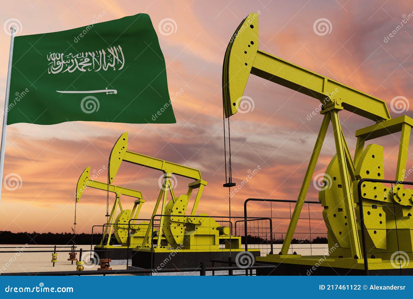 nice pumpjack oil extraction and cloudy sky in sunset with the saudi arabia flag