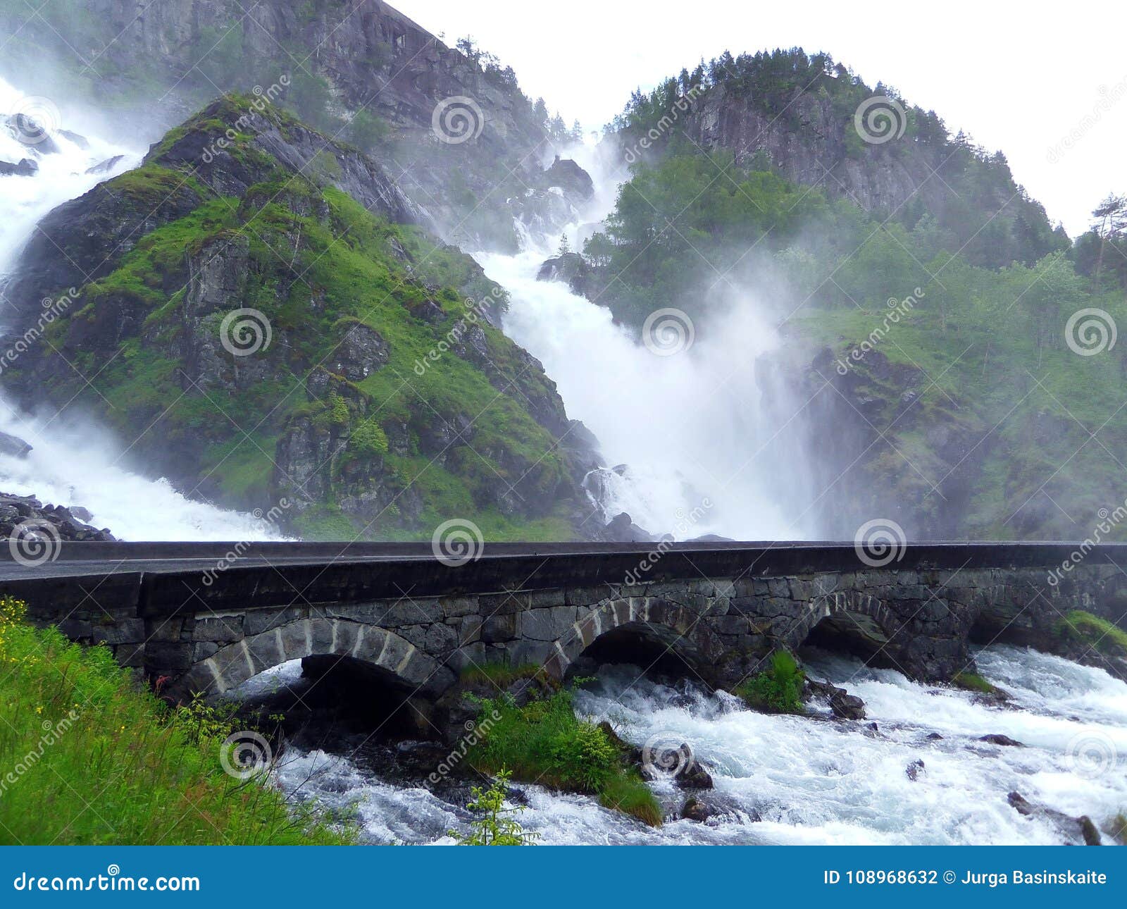 beautiful waterfall and bridge in summer norway stock photo image waterfall bridge