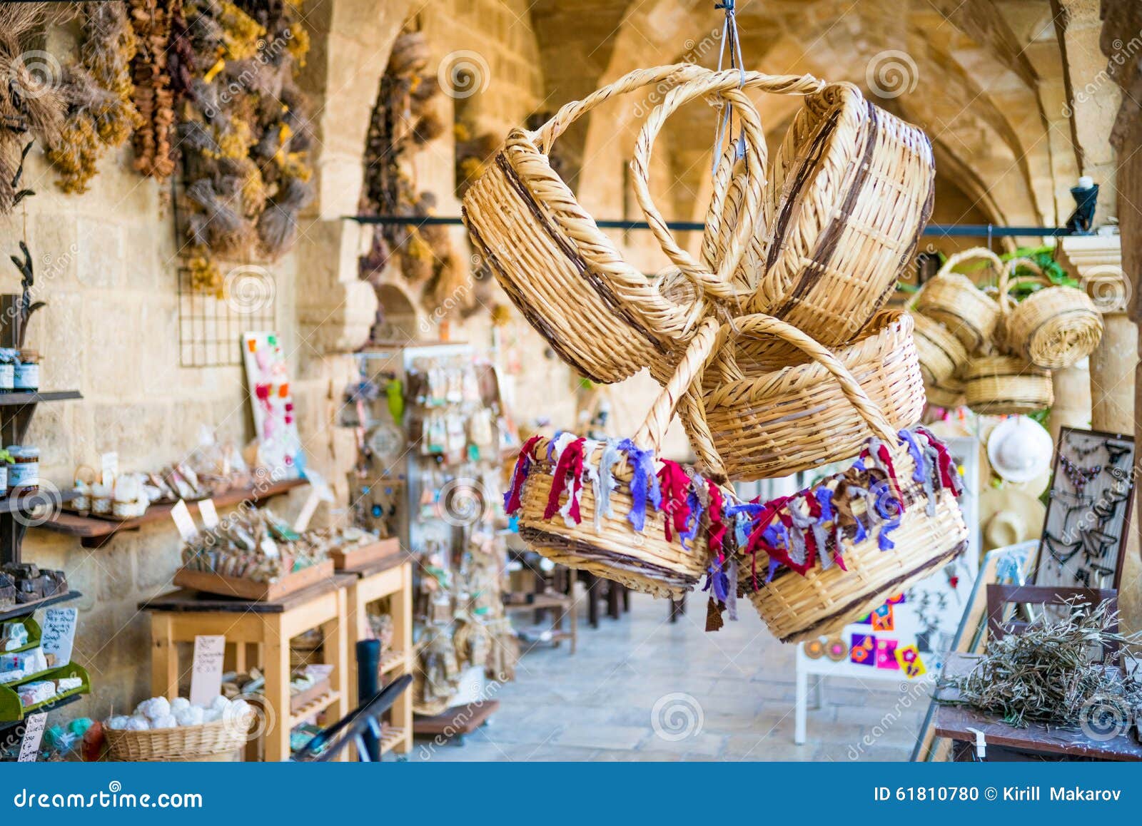 NICOSIA, CYPRUS - AUGUST 10, 2015: Straw basket souvenirs at Buyuk Han (The Great Inn).