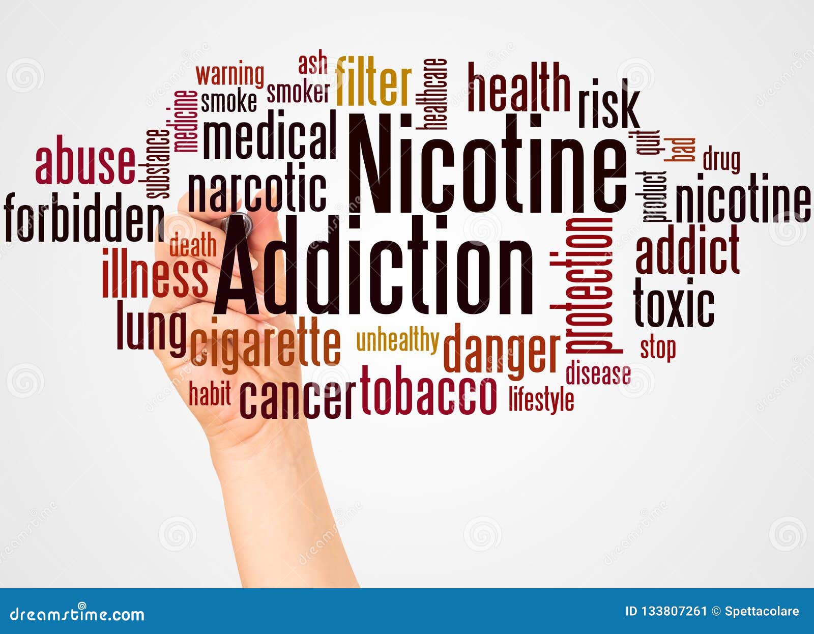 nicotine addiction word cloud and hand with marker concept