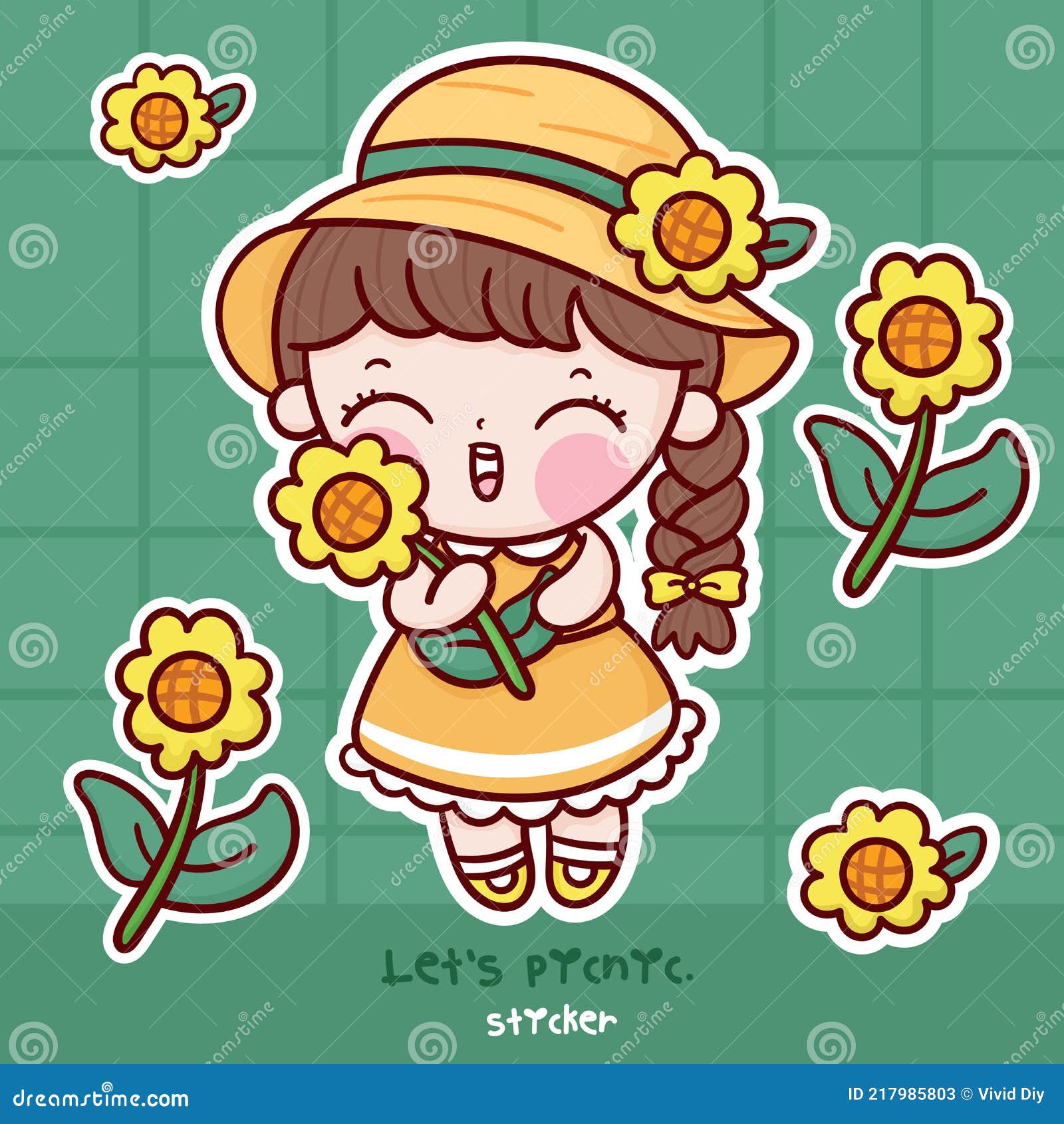 Niedlich Mädchen Sonnenblume Cartoon Aufkleber Sammlung Kawaii Charakter  Vektor Abbildung - Illustration von blatt, zicklein: 217985803